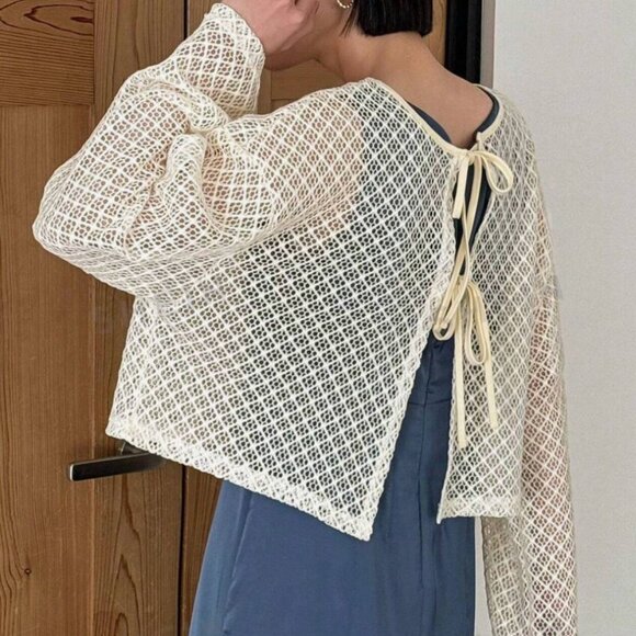 Knitted Hollow Out Top With Ribbon Tie T12 - Picture 3 of 10